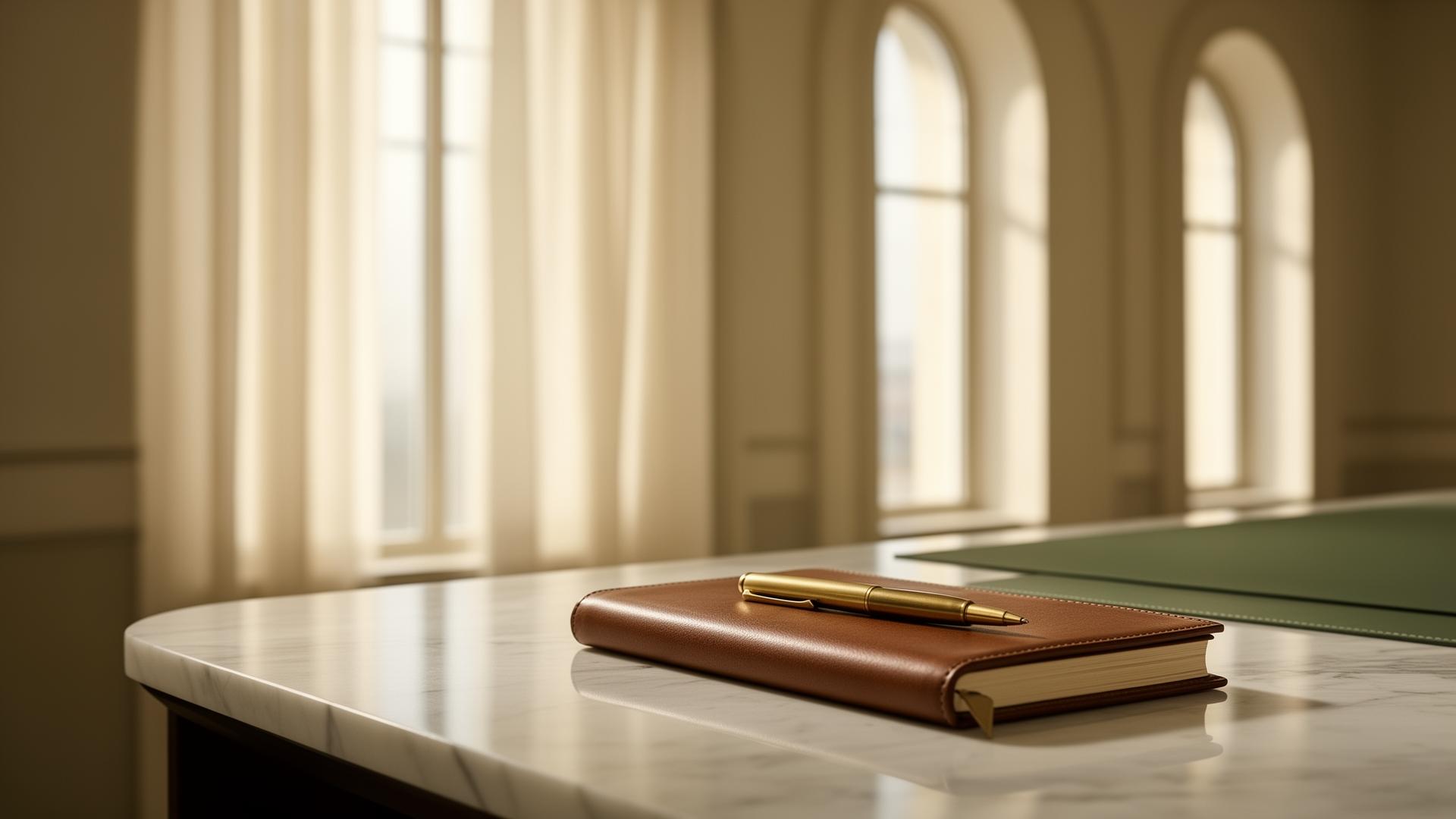 Editorial workspace with leather notebook on marble surface, soft natural light